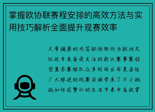 掌握欧协联赛程安排的高效方法与实用技巧解析全面提升观赛效率 掌握欧协联赛程安排的高效方法与实用技巧解析全面提升观赛效率
